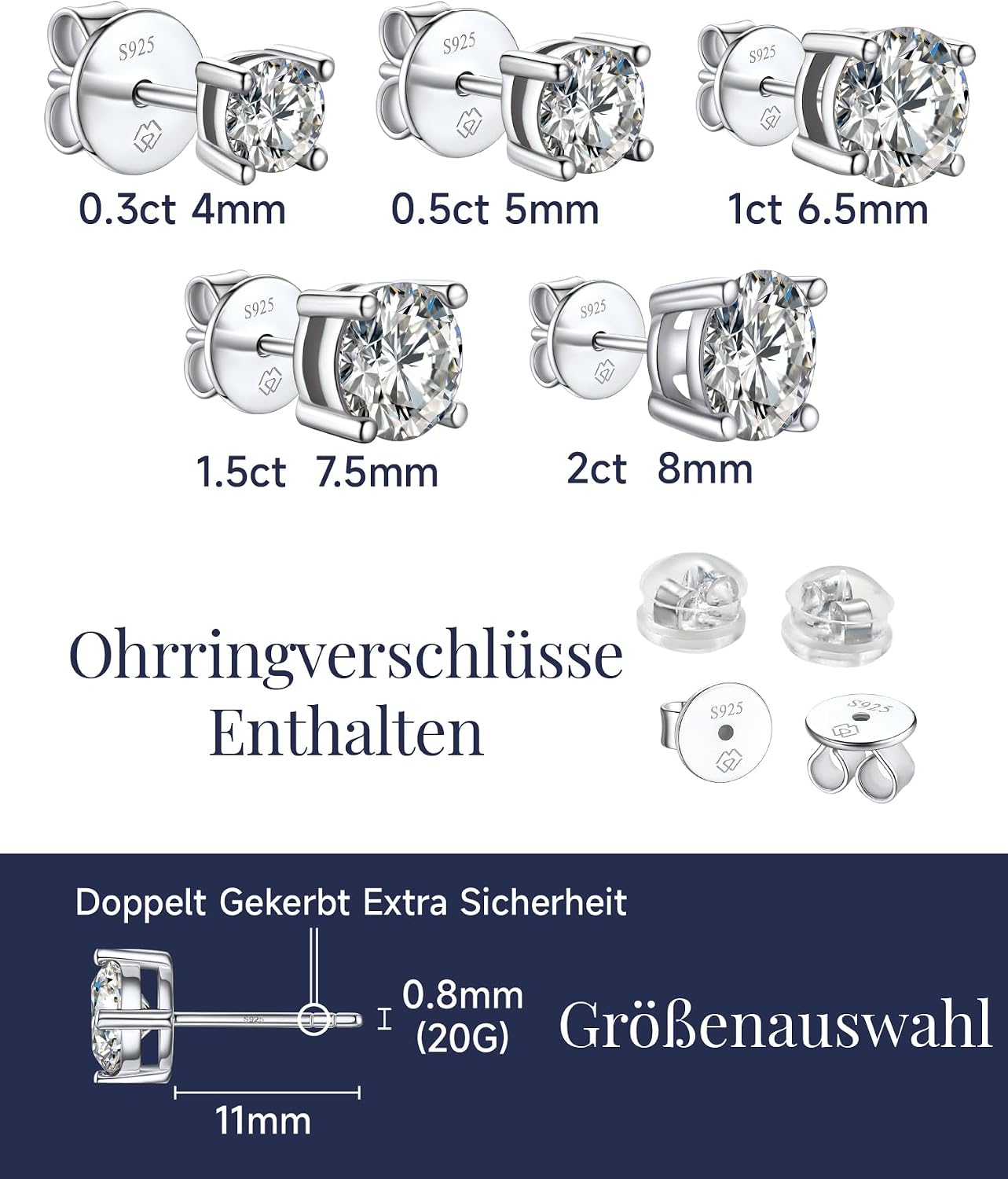 MomentWish Moissanite Diamond Stud Earrings 925 Silver / Gold 585, 1–4 Carat, Genuine Silver, Hypoallergenic VVS1 D Colour with GRA Certificate, Earrings Gift for Men Women 5/6.5/8 mm – Bild 6