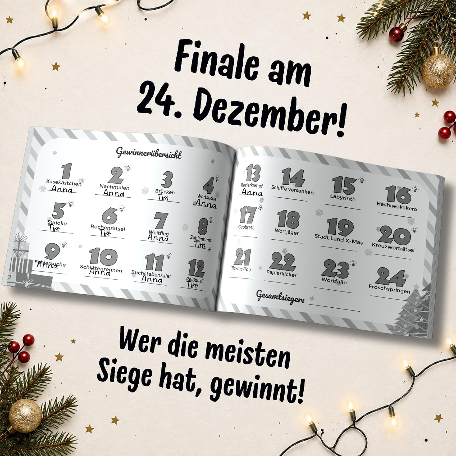 1 gegen 1 Advents-Duell: 24 Stift & Papier Spiele für Zwei | Mitmach Adventskalender mit 24 lustigen Minispielen für 2 Personen, Perfekt zum Verschenken für Geschwister, Paare oder Eltern – Bild 4