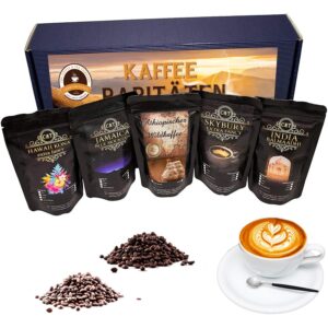 C&T Elegant and high-quality coffee gift set, 5 exclusive coffee flavours, each 80 g, whole bean, gift idea for men and women with Hawaii Kona + Jamaica Blue Mountain + Ethiopian wild coffee