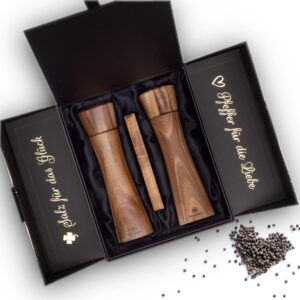 Butlerbell® Salt and Pepper Mill Wood with Coaster in Luxury Gift Box Ideal as a Wedding Gift | Wedding Gifts for Bride and Groom | Housewarming Gift