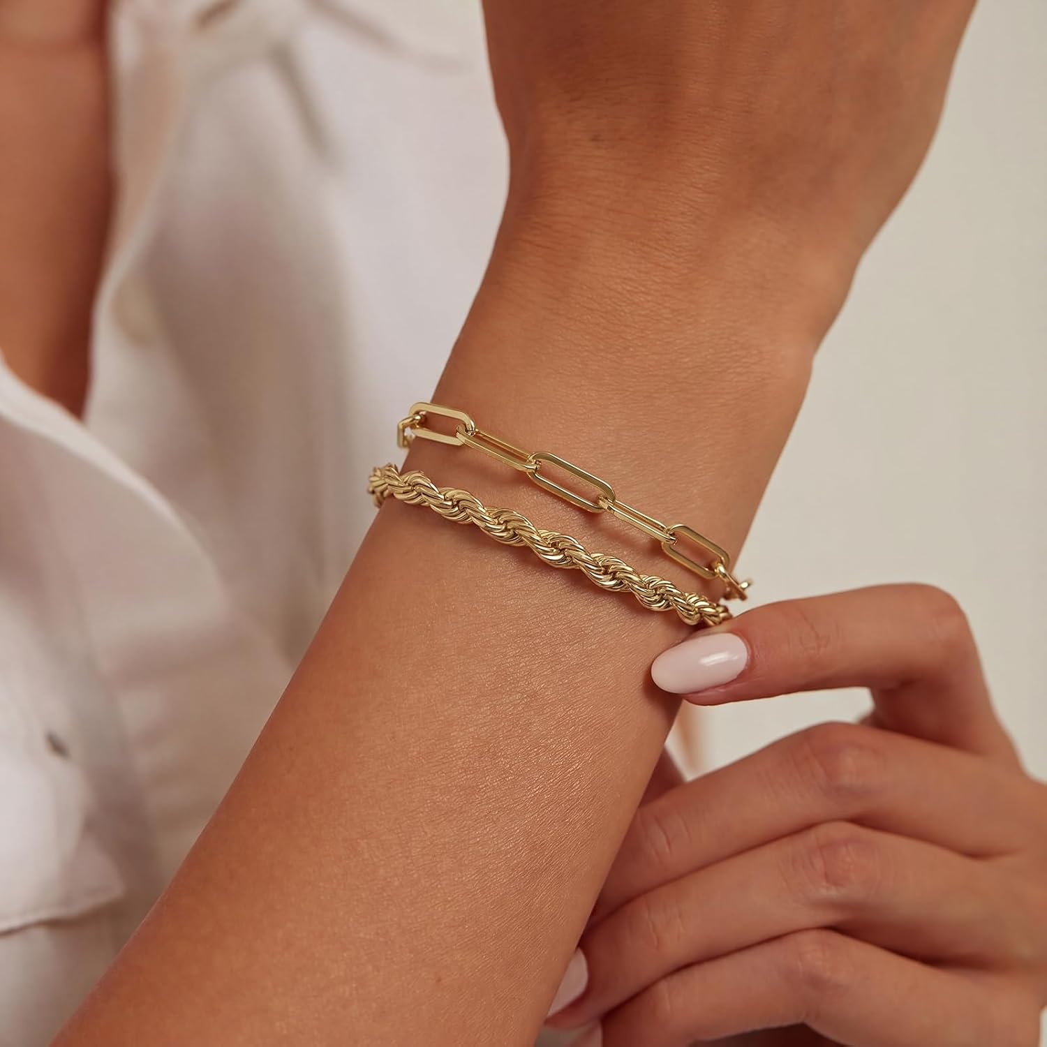 Sweetkiki Pack of 5 Women's Gold 14 Carat Gold-Plated Stainless Steel Stackable Cuff Bracelets Bracelets, Adjustable Beads, Paper Clip, Cuban Chains, Gold Bracelets Set, Stacking Bracelets Jewellery – Bild 6
