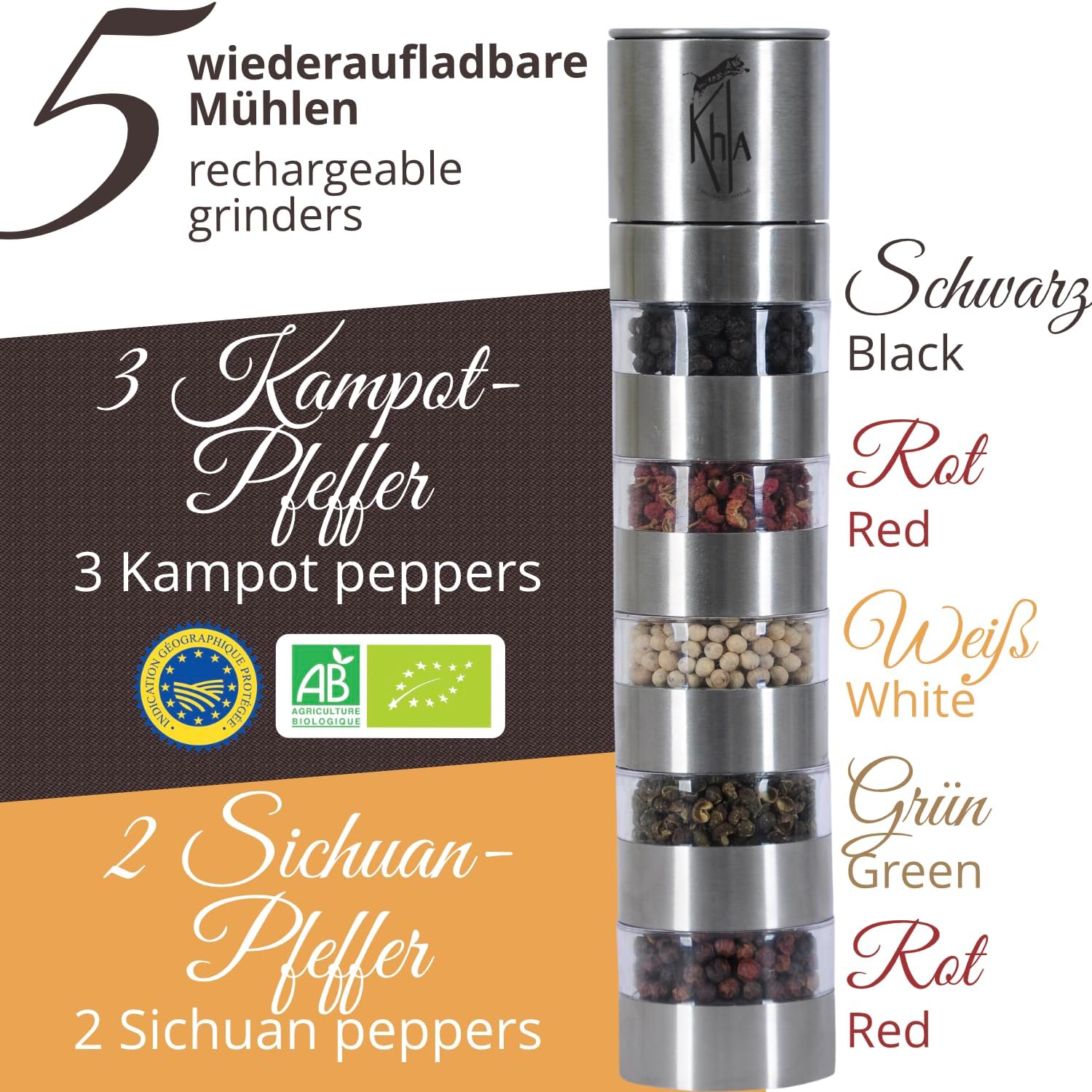 Khla - Set of 5 Mekong Pepper Mills - Gift Set - Kampot & Sichuan Pepper - Pepper from Around the World - Refillable Mills - Gift - Origin Cambodia & China – Bild 3