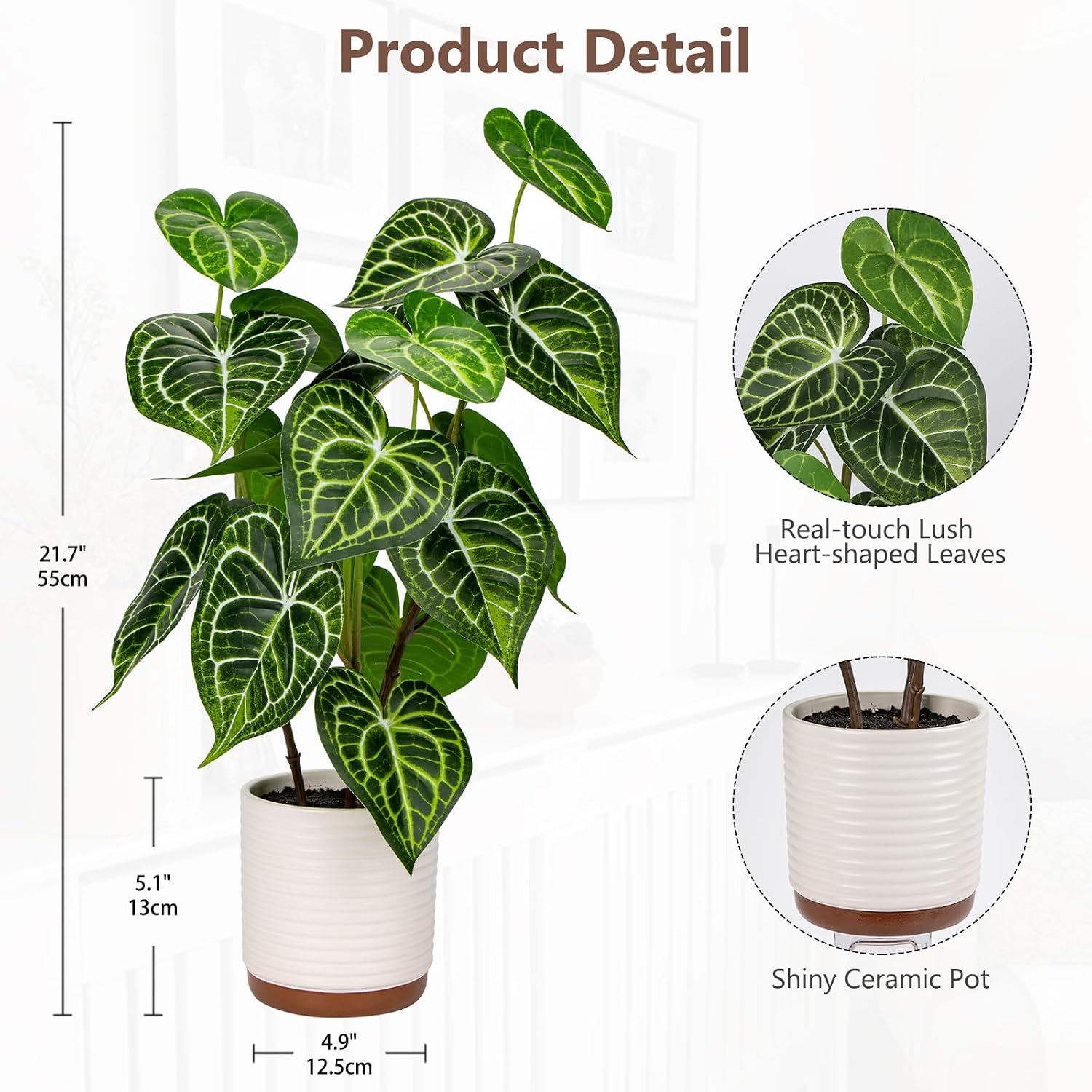 Briful 55 cm Artificial Plant Anthurium Crystallinum Artificial Plants Like Real Decorative Plants Indoor Plant in Ceramic Pot for Home Resto Bathroom Decoration – Bild 2