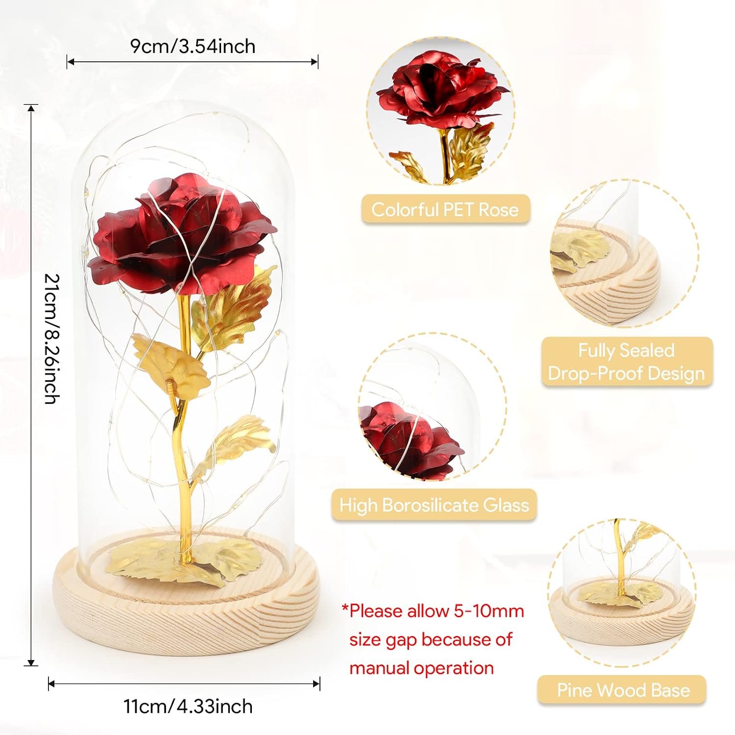 ADAZ Gifts for Women, Eternal Rose in Glass with LED Light, Mother's Day Gifts for Mum, Beauty and the Beast, Rose Gift for Girlfriend, Wife on Anniversary, Christmas, Valentine's Day – Bild 2