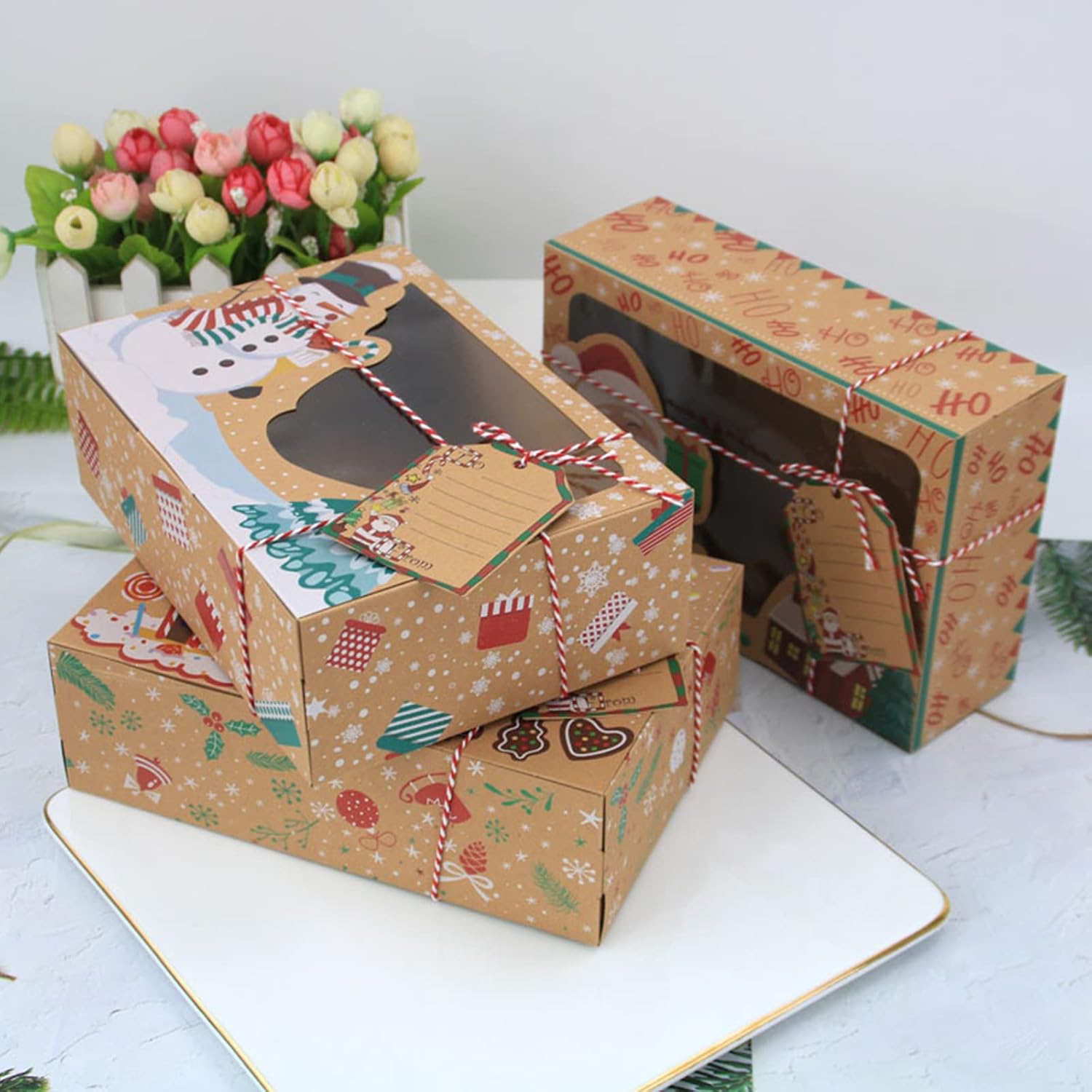 Pack of 12 Christmas Biscuit Boxes, 3 Different Design Biscuits Packaging, Christmas Box, Biscuit Box, Cake Boxes with Viewing Window for Bakery, Chocolate, Chocolate Box Packaging – Bild 5