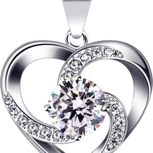 B. Catcher Women's Heart Necklace In 925 Sterling Silver,”Love Is Happiness” Pendant Jewellery With Cubic Zirconia, 45 cm Chain Length, Mother's Day Gift For Women