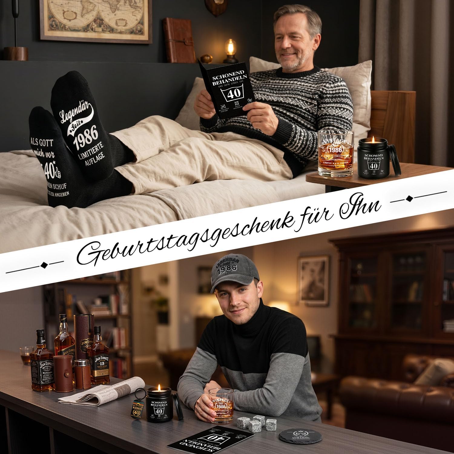 40th Birthday for Men, Vintage 1986 Birthday Gifts Men, 40th Birthday Gift Box with Whisky Stones, Cup, Socks, Keyring, Candle & Card, Gift for Husband, Dad, Boyfriend – Bild 7