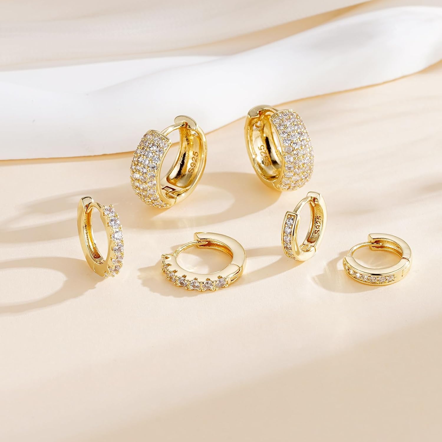 3 Paare Creolen Silber Set 14K Vergoldete Ohrringe für Damen – Bild 4