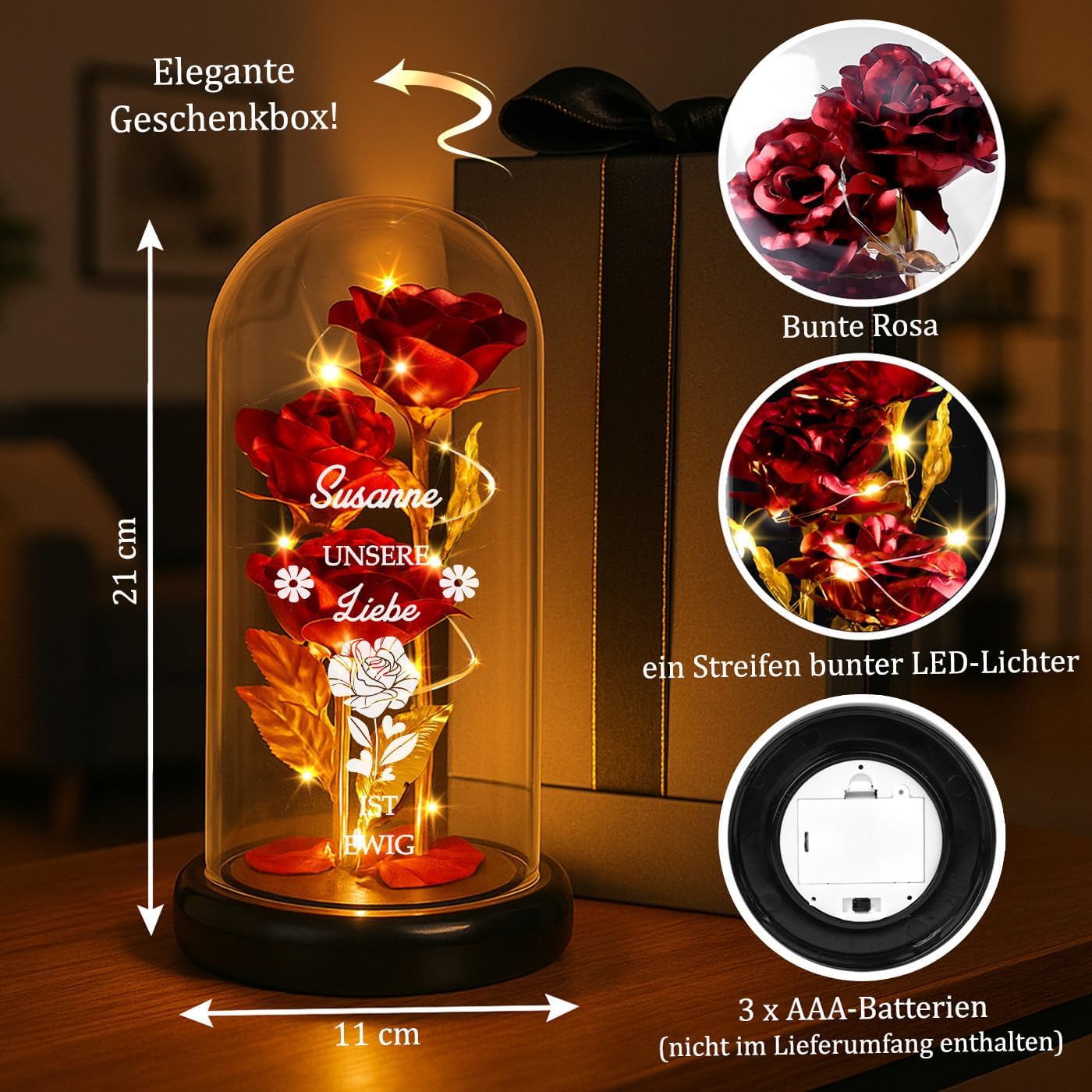 Maverton Red Eternal Rose with LED Lighting in Glass with Engraving – Bild 6