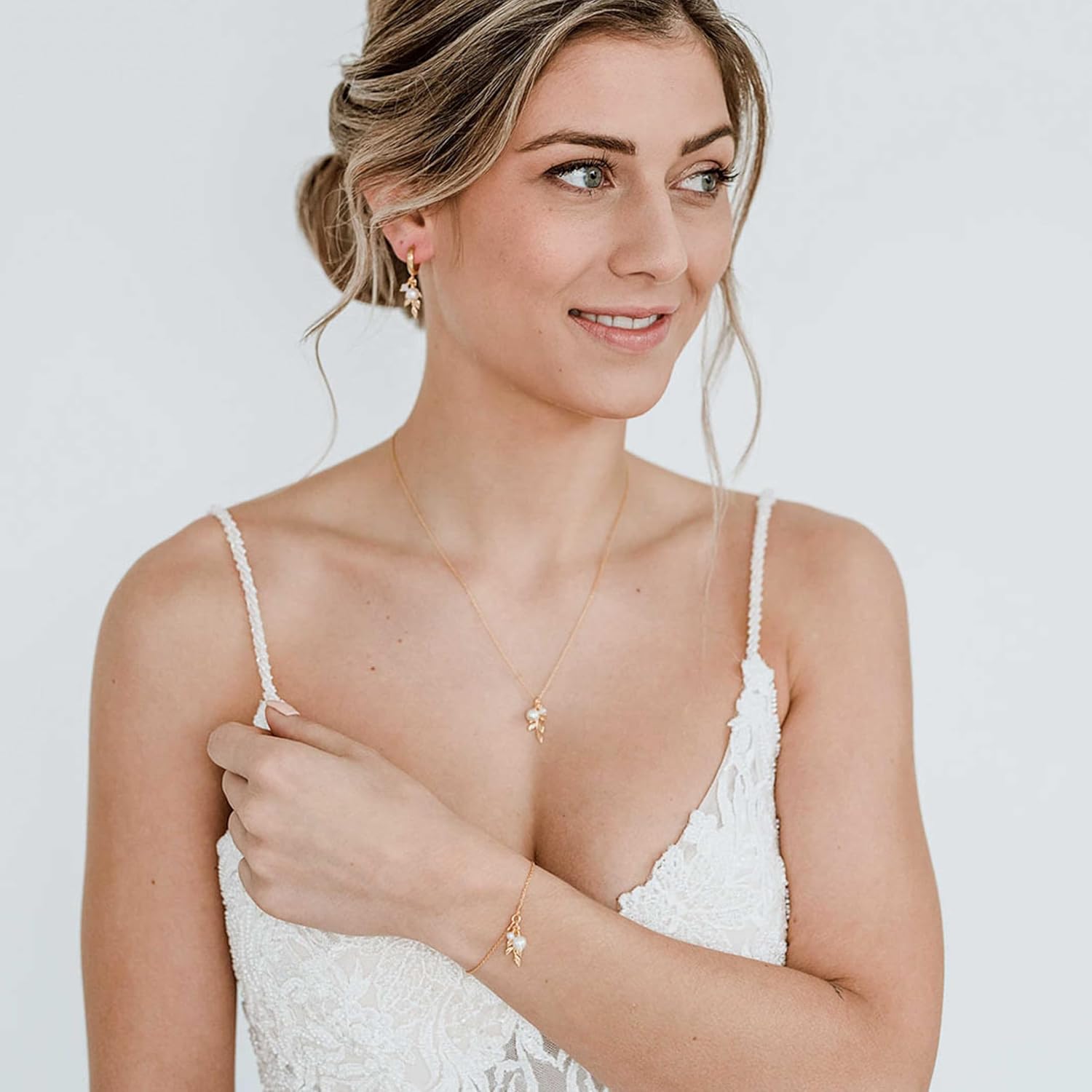 Jewellery with Pearls Wedding - Premium 925 Silver Jewellery Set & Earrings Bride - High Quality Bridal Jewellery Beads - Women's Jewellery Gold Bride - Bridal Earrings Jewellery Set Wedding Leaf – Bild 8