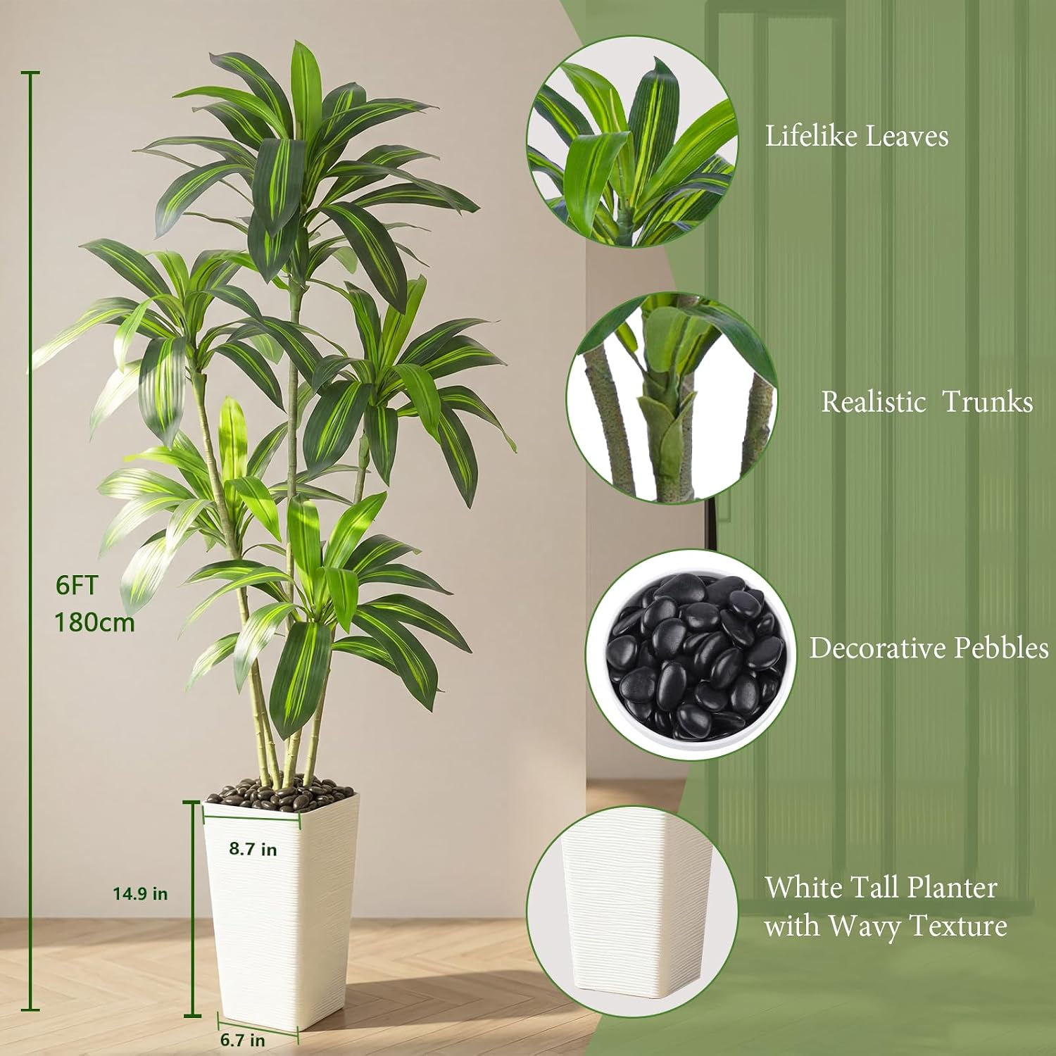 Artificial Dragon Tree Plants 180 cm Artificial Plants Large White Pot – Bild 2