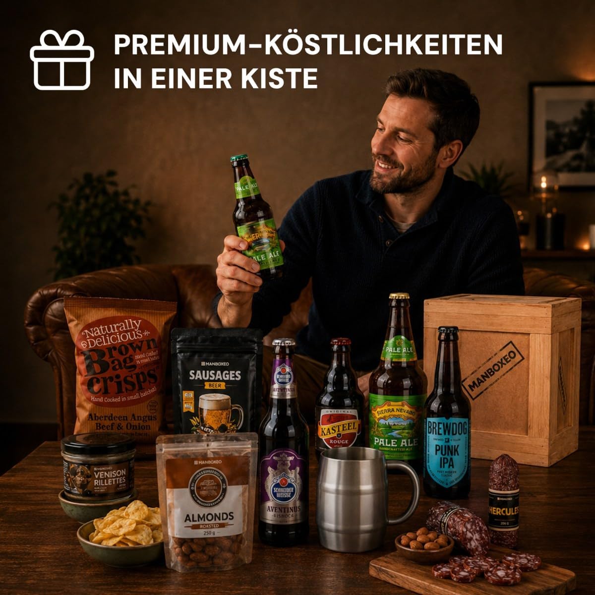 Manboxeo Signature Beer Gift Box, 12-Piece Gift Set for Beer Lovers, Birthday Gift for Men with Beer Mug, Craft Beer and Gourmet Snacks – Bild 2