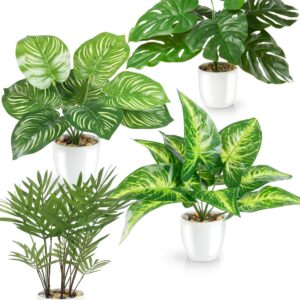 PASCH® Set of 4 Tropical Artificial Plants Like Real (25 cm) in White Ceramic Pots: Monstera Artificial & Areca Artificial Palm | Artificial Plants in Pot | Fake Plant | Artificial Flowers in Pot