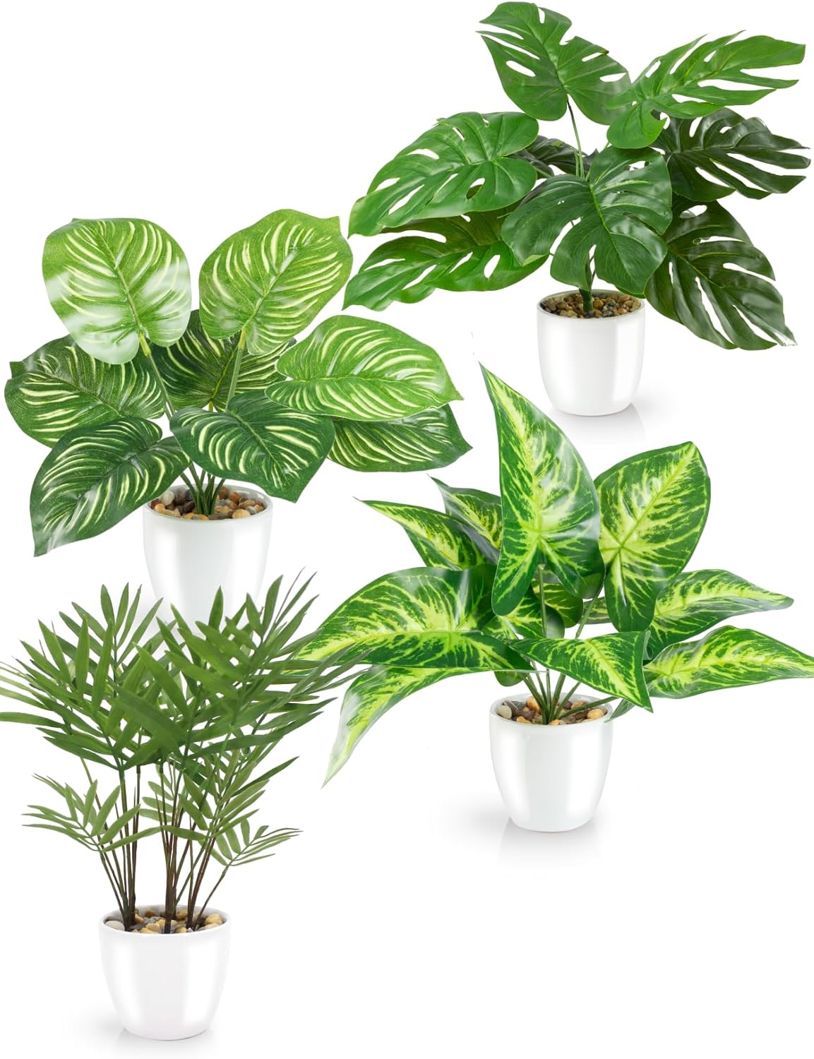PASCH® Set of 4 Tropical Artificial Plants Like Real (25 cm) in White Ceramic Pots: Monstera Artificial & Areca Artificial Palm | Artificial Plants in Pot | Fake Plant | Artificial Flowers in Pot