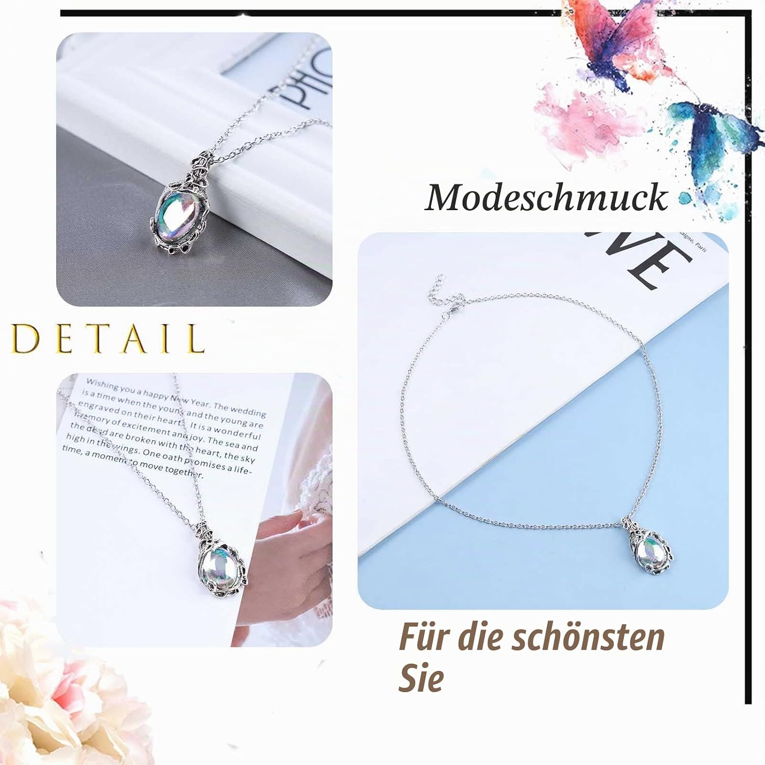 Silver Opal Necklace Vintage Teardrop Moonstone Pendant Necklace Dainty Water Drops Birthstone Choker Necklace Statement Fashion Jewellery For Women Girls – Bild 5