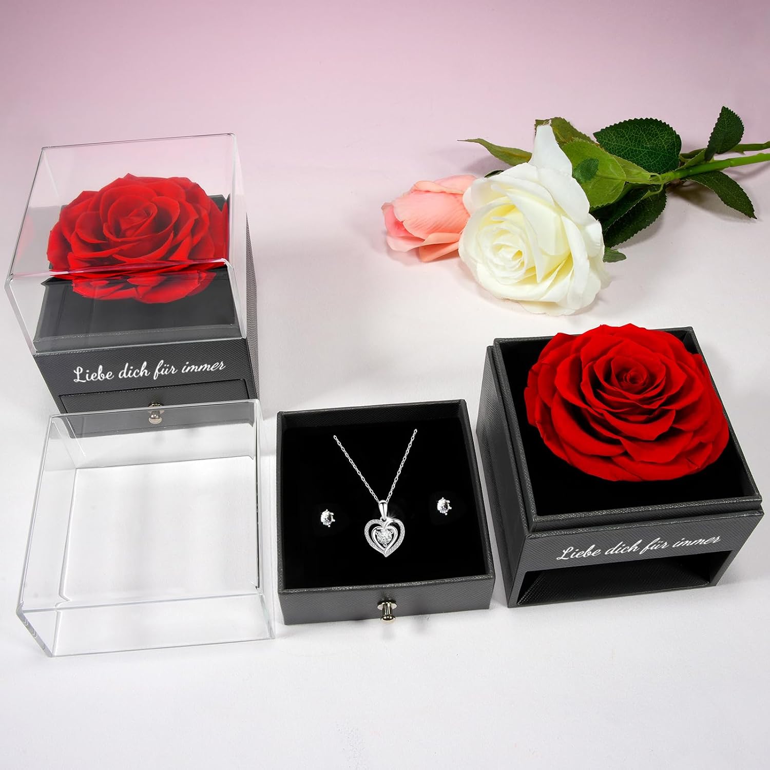 Miofula Eternal Rose Gifts for Women, Infinity Rose Box with Heart Necklace Earrings Silver 925, Flower Chain Birthday Gift for Women, Mum, Grandma, Girlfriend Gift, Christmas, Birthday, Anniversary – Bild 7