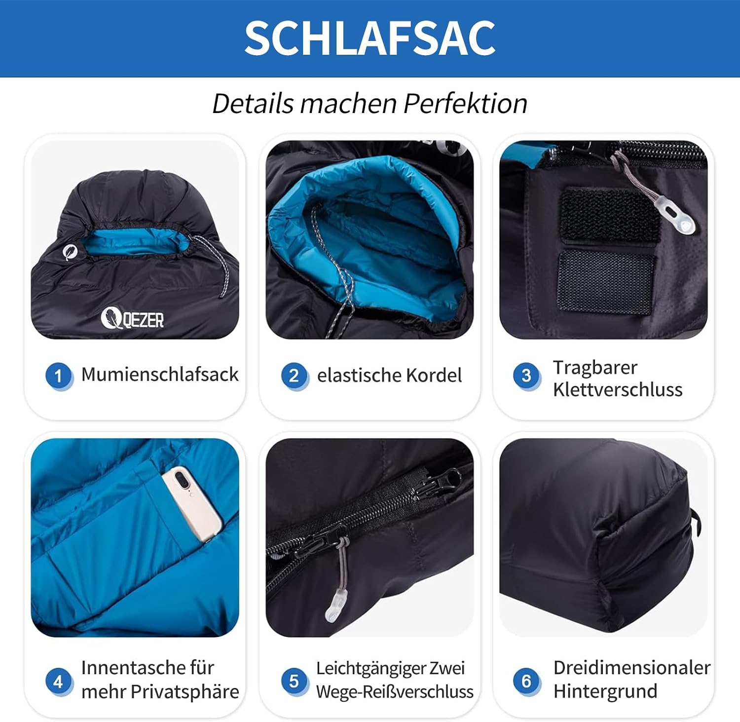 Down Sleeping Bag, Warm Lightweight Winter Sleeping Bag 0 °C to -23 °C for Adults and Children, 4 Seasons, Camping, Outdoor and Indoor – Bild 6
