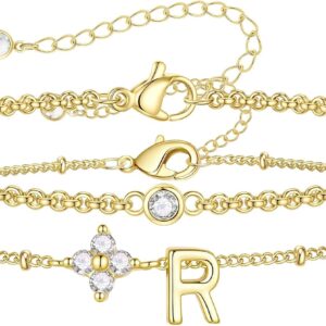 TINGN Women’s Gold Bracelet – 14K Gold Plated Four Leaf Clover Bracelet with Letters CZ Bracelets Layered Letter Bracelet Women’s Personalised Gifts for Women Girlfriend Jewellery