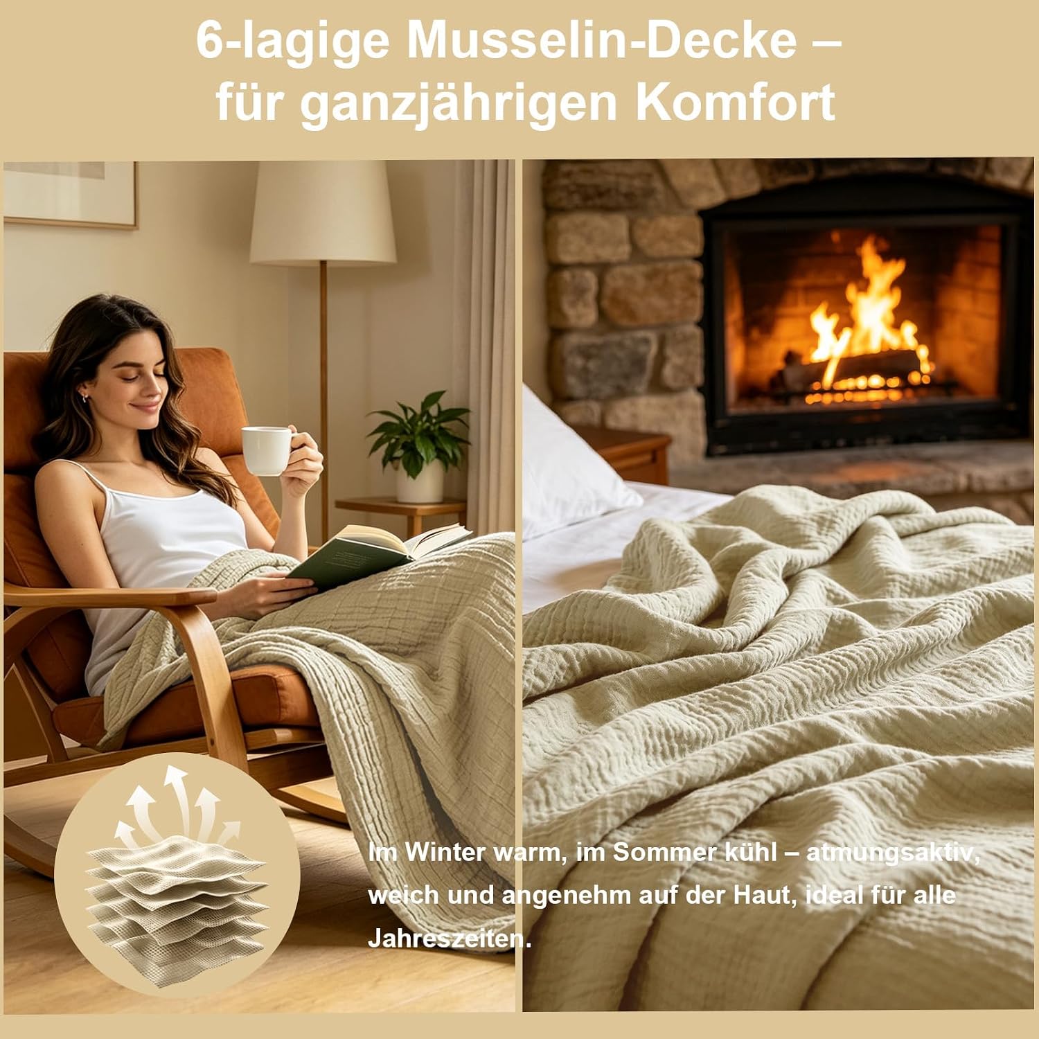 6-Layer Muslin Blanket 150 x 200 cm Breathable Beige – Bild 5