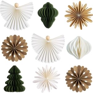 SUNBEAUTY Paper Christmas Hanging Ornaments, Gold, White and Green, Stars, Angels and Trees, Set of 8