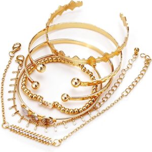 Sprinlot Gold Bangle 7 Pieces Golden Jewellery, Gold Bracelet Women, Gold-Plated and Silver-Plated Women's Bracelet Set, Indian Jewellery, Chunky Jewellery, Gold Jewellery Women, Smooth Bracelet Set for Women