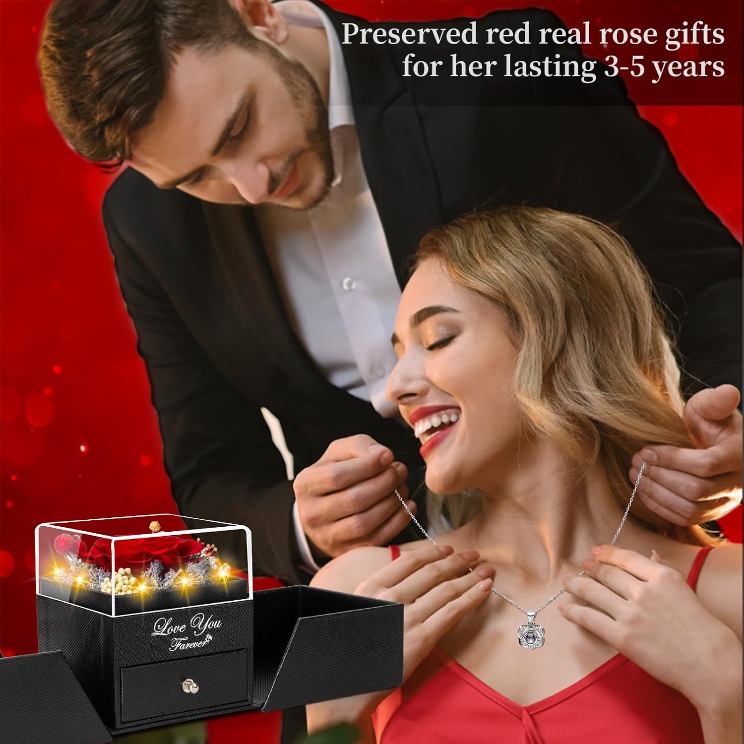 Lebana Eternal Rose with Heart Necklace and LED Lighting Gift Set for Women Mum Girlfriend for Birthday Christmas Valentine's Day Wedding Anniversary Mother's Day Red – Bild 4