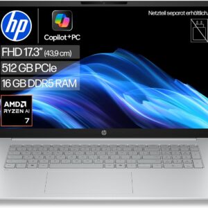 HP OmniBook 3 Laptop, 17.3 Inch FHD, AMD Ryzen AI 7, 16GB RAM, 512GB SSD