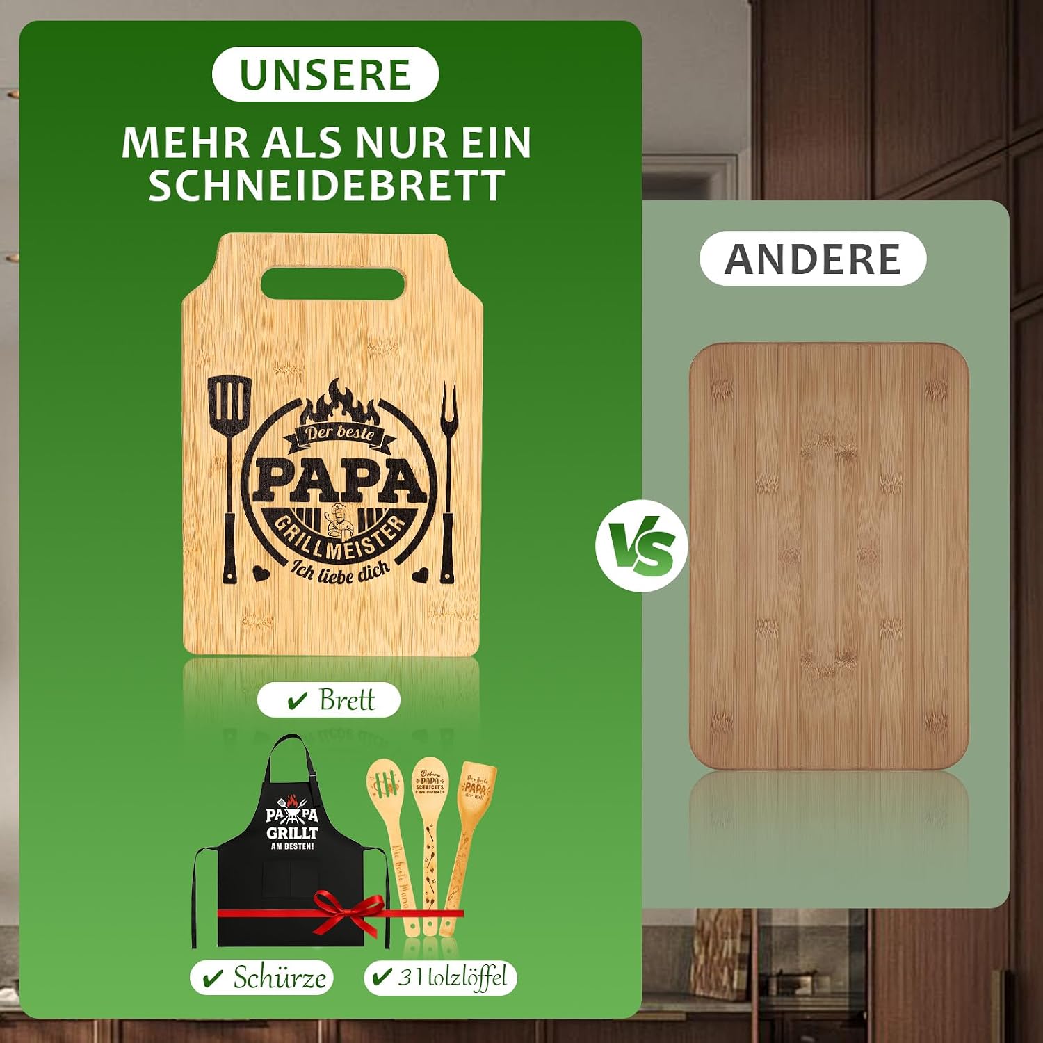 Dad Gift Set - Engraved Bamboo Chopping Board with Personalised Apron and 3 Wooden Spoons, Best Dad Gift Birthday, Father's Birthday Gift, Gifts for Father's Day, Housewarming – Bild 6