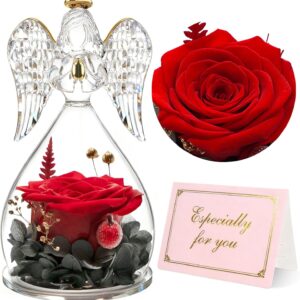Yamonic Eternal Rose Angel Gifts for Women, Eternal Rose in Glass Birthday Gift for Women, Angel Figure Gifts for Mum, Guardian Angel Gift Christmas, Grandma Gift, Mother’s Day Gifts
