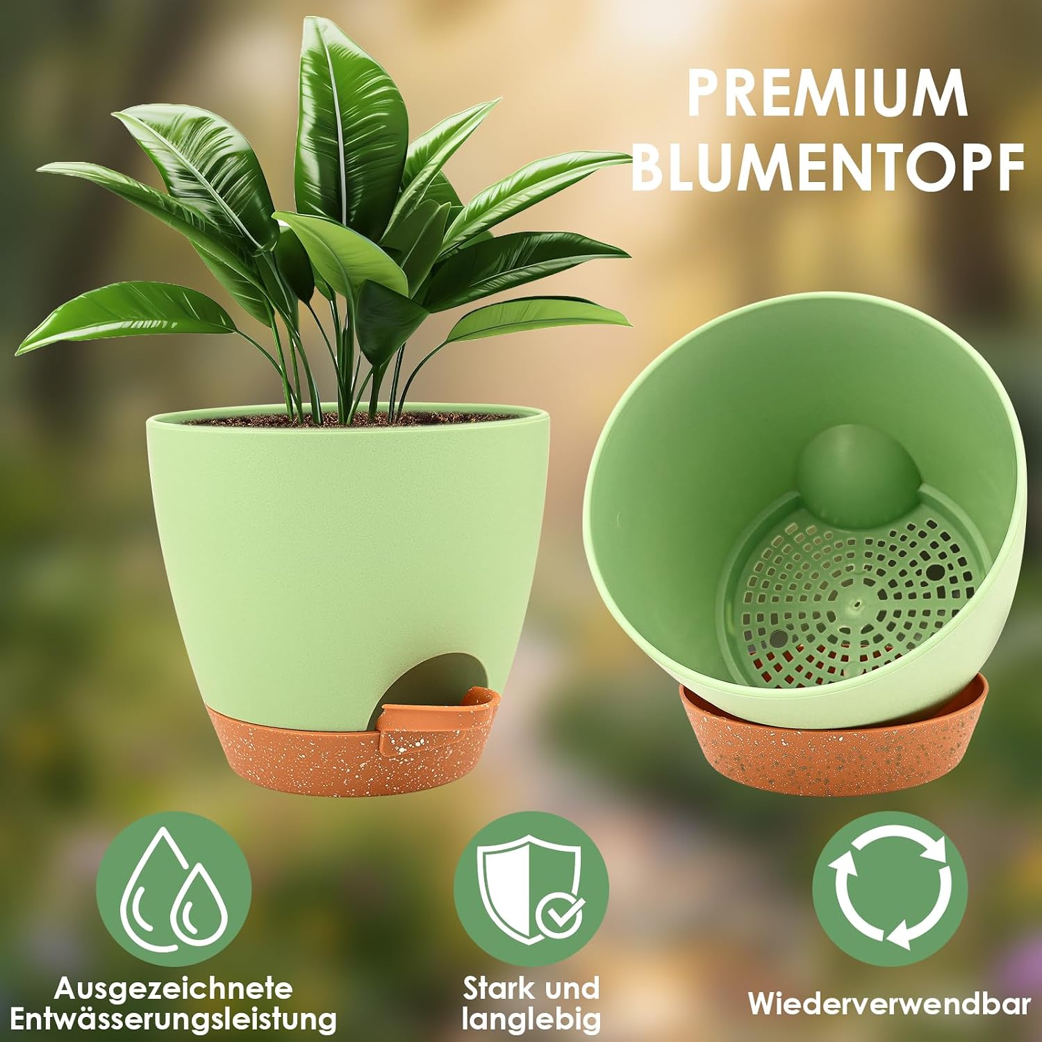 6 Packs Flower Pot, Plant Pot, Self-Watering 15.2 cm, with Brown Saucer, Watering Opening, Cotton Cord, Suitable for Indoor and Outdoor Gardens – Bild 5