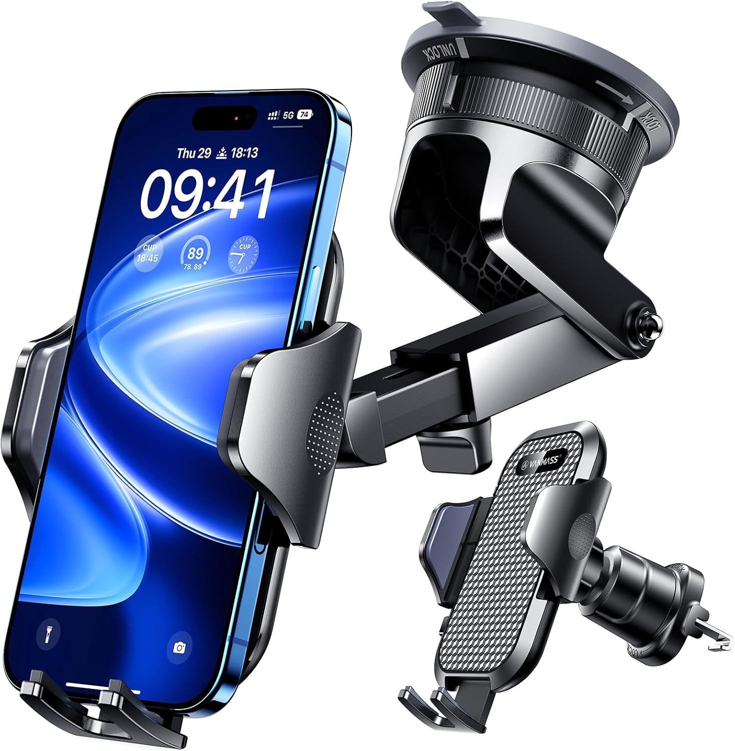 VANMASS 2026 Military Mobile Phone Holder, Car Upgrade, Strongest Suction Cup & Ventilation Hook, 4-in-1 Smartphone Car Mobile Phone Holder, 360° Rotatable Car Mount on Dashboard Disc for iPhone