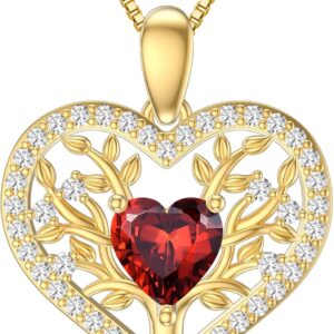 9k Gold Tree of Life Necklace for Women, 375/9ct Real Gold Tree of Life Birthstone Heart Pendant Necklace Jewellery Gifts for Birthday Christmas 40 + 5 cm