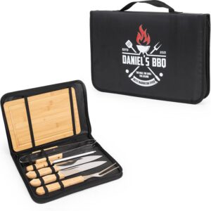 Wanapix Personalised BBQ Set Includes 6 Accessories (2 Knives, Sharpener, Carving Knife, Tongs, Bamboo Board) Best BBQ