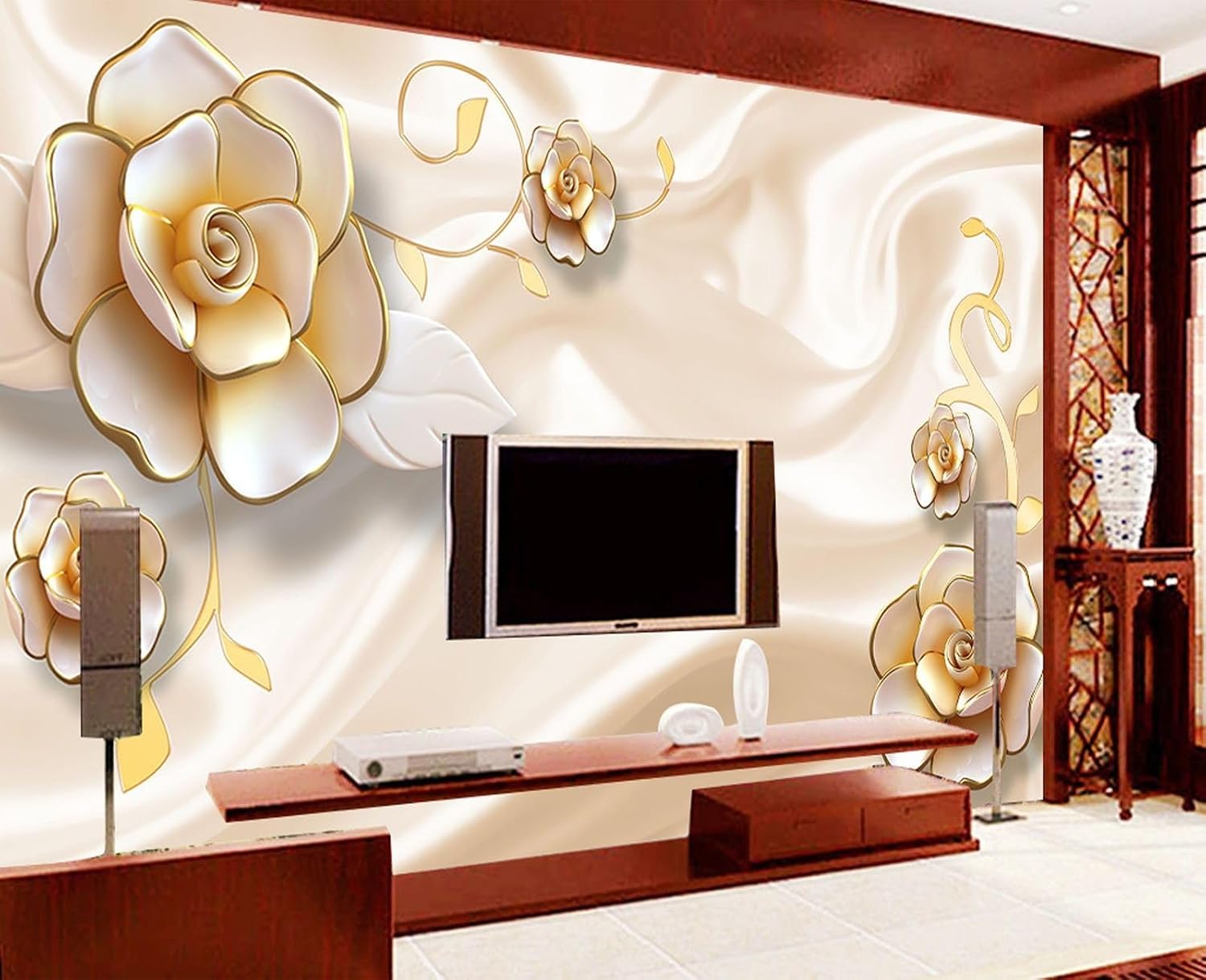Non-Woven Photo Wallpaper Wall Pictures 3D Gold Decoration Rose Wallpaper 1520 (200 (W) x 140 (H) cm) – Bild 3