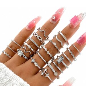 Pack of 22 Waterproof Silver Gold-Plated Stackable Statement Rings for Women, Chic Finger Ring Set (Silver)