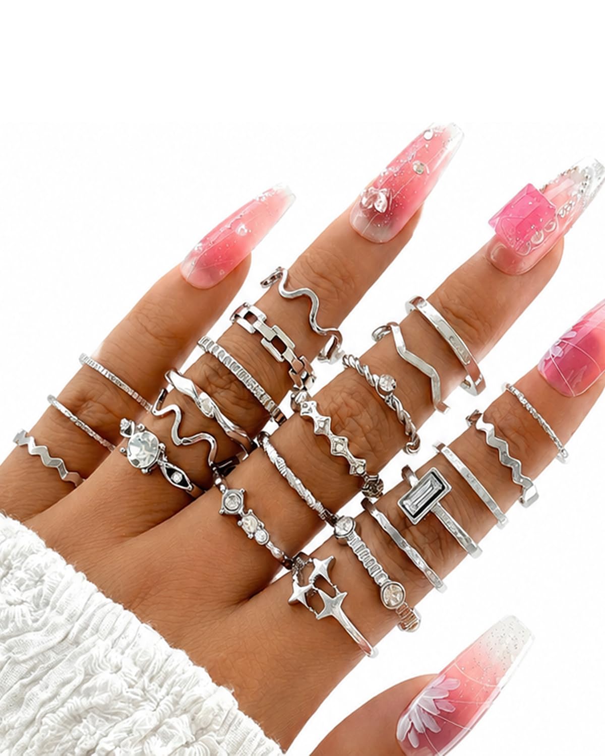 Pack of 22 Waterproof Silver Gold-Plated Stackable Statement Rings for Women, Chic Finger Ring Set (Silver)