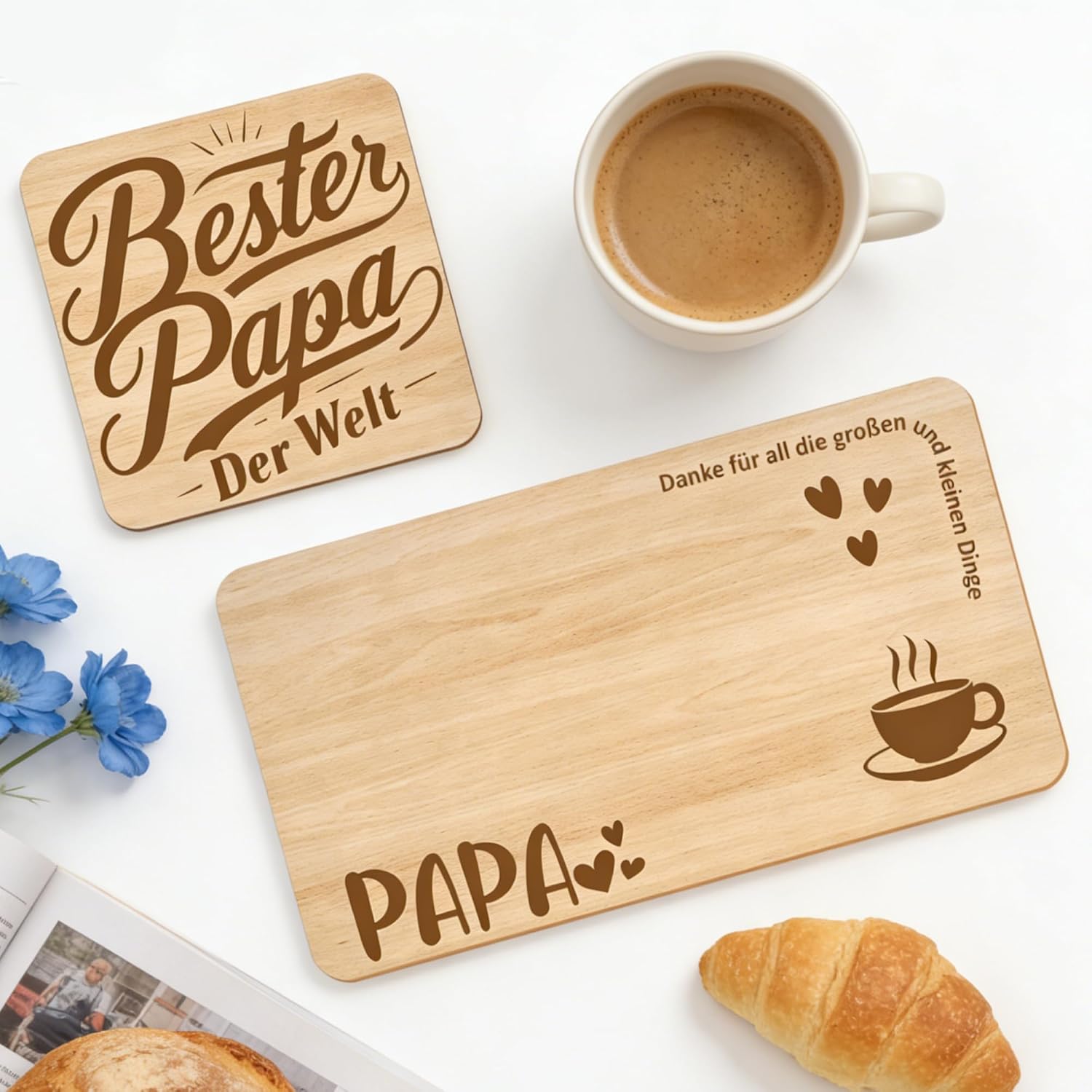 PAPA Gift - Wooden Serving Board, Coaster, Stainless Steel Spoon, Keyring & Greeting Card | Loving Father's Day Gift, Birthday Gift & Christmas Gift for Dad – Bild 2