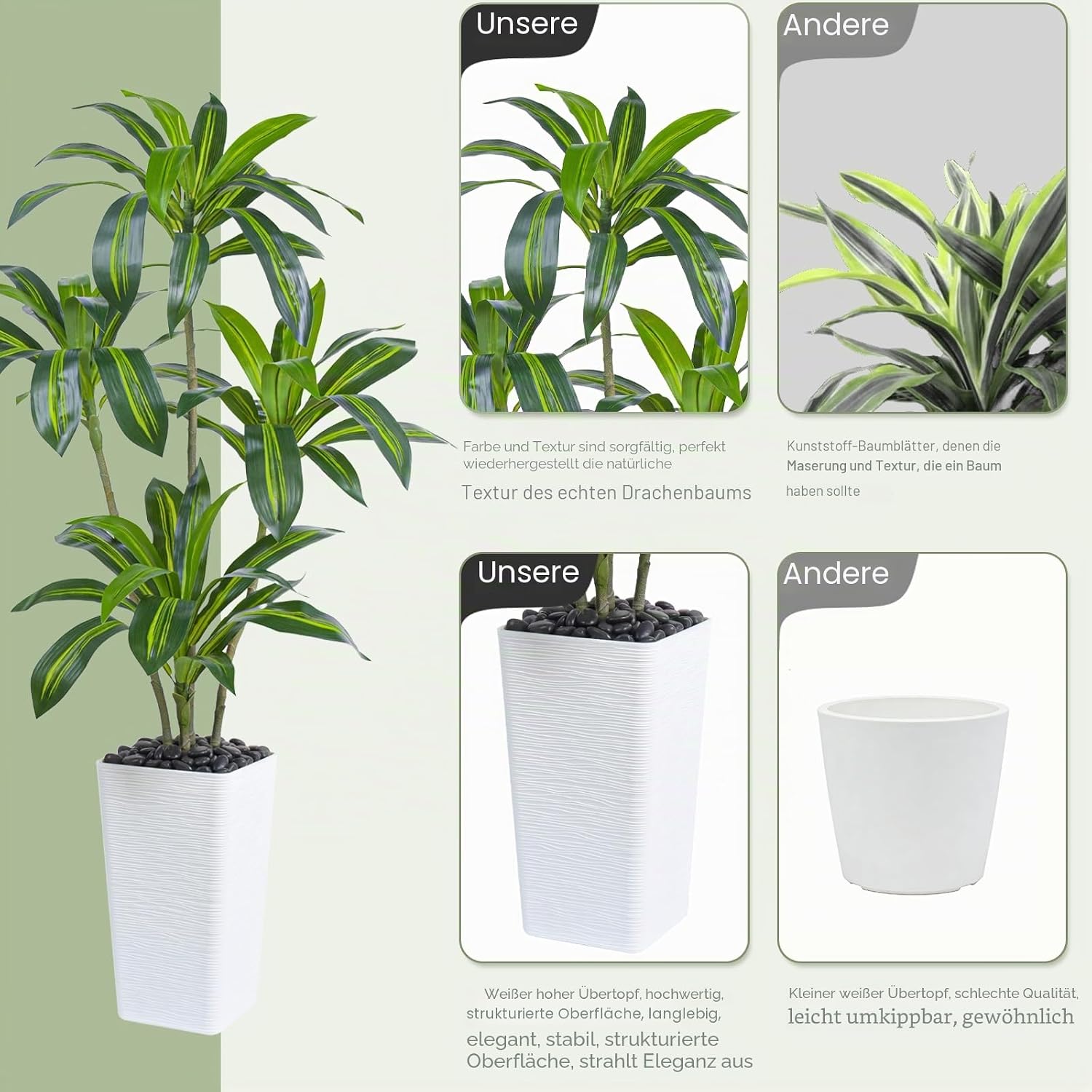 Artificial Dragon Tree Plants 150 cm Artificial Plants Large White Pot – Bild 5