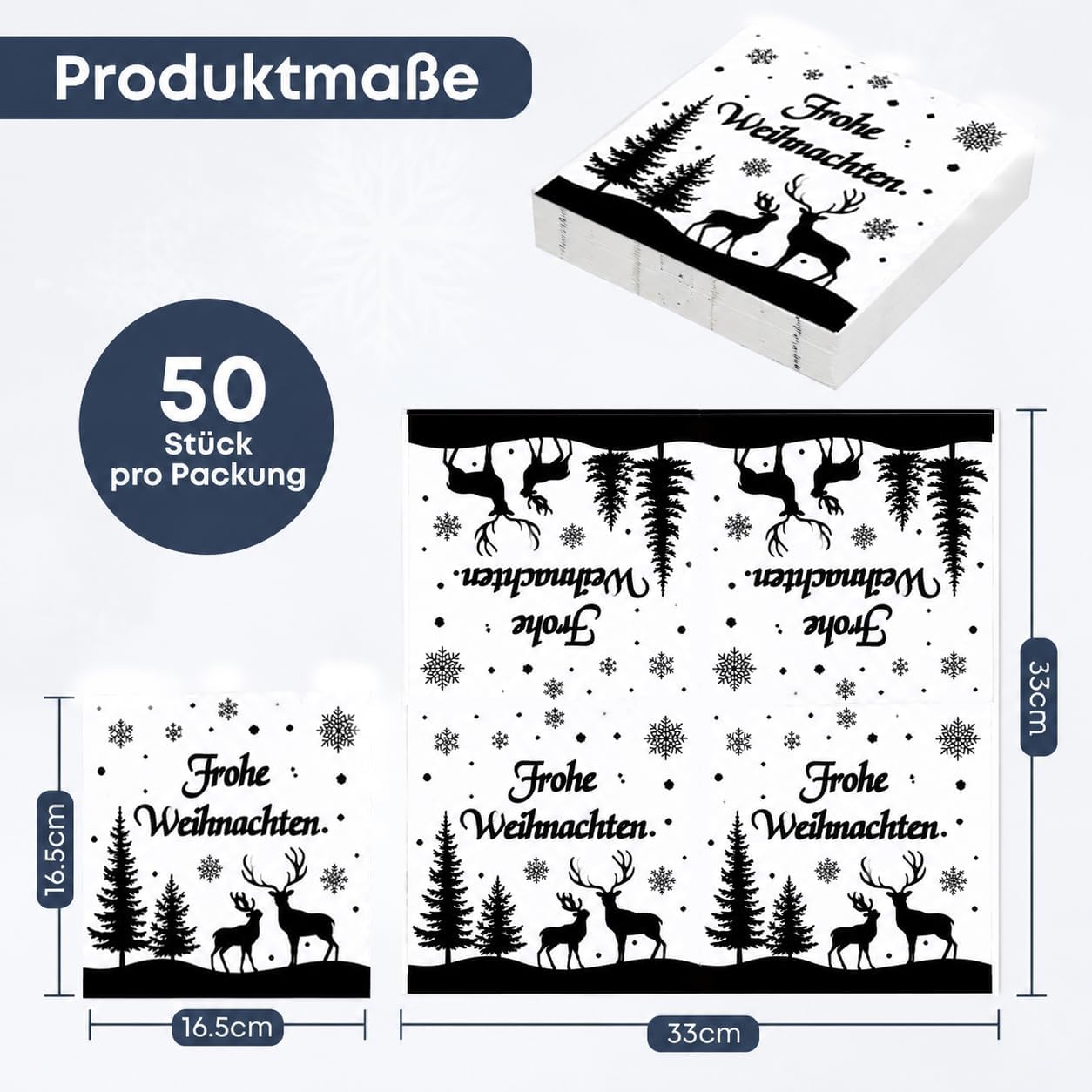 Pack of 50 Napkins Christmas Black, Seutgjie Table Decoration Christmas Dining Table with Deer Snowflakes Motif Christmas Napkins Party Set Table – Bild 2