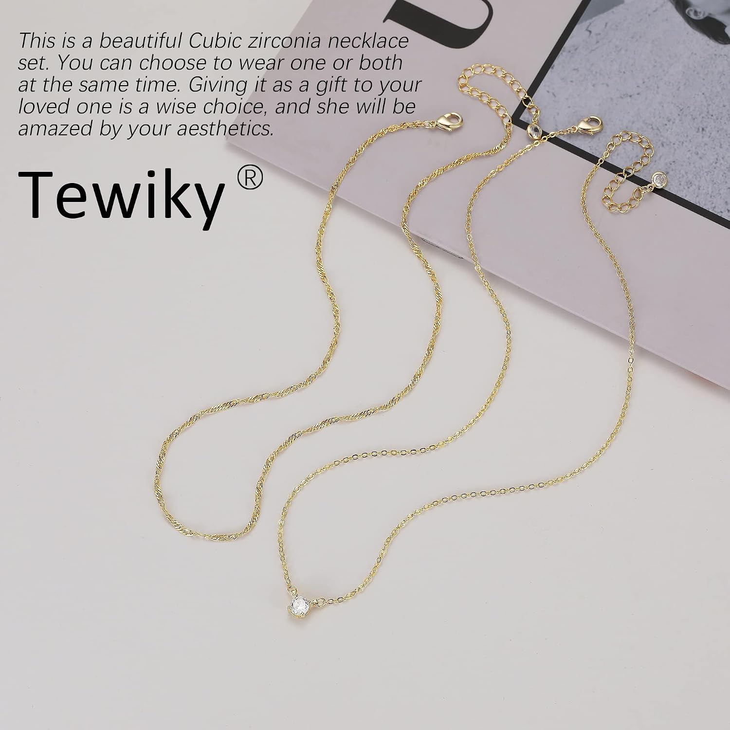 Tewiky Layering Halskette Damen, 925 Silber, Goldkett CZ Anhänger Set – Bild 7