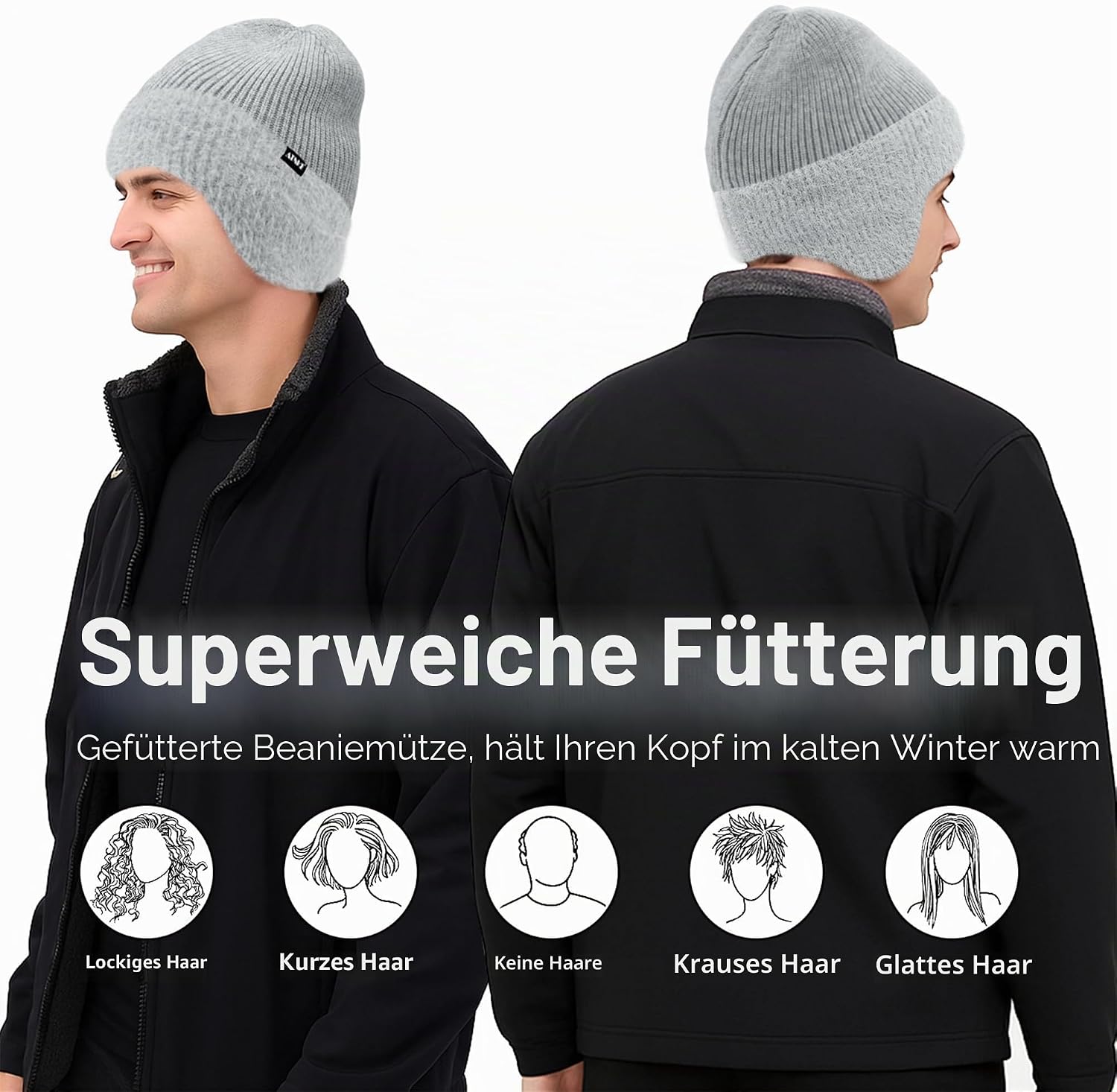 ATNKE Knitted Beanie Hat with Ear Flaps for Men and Women, Stretchy Thick Warm Fleece Lined Everyday Winter Soft with Cuffs Wooly Skull Hat Gifts – Bild 5