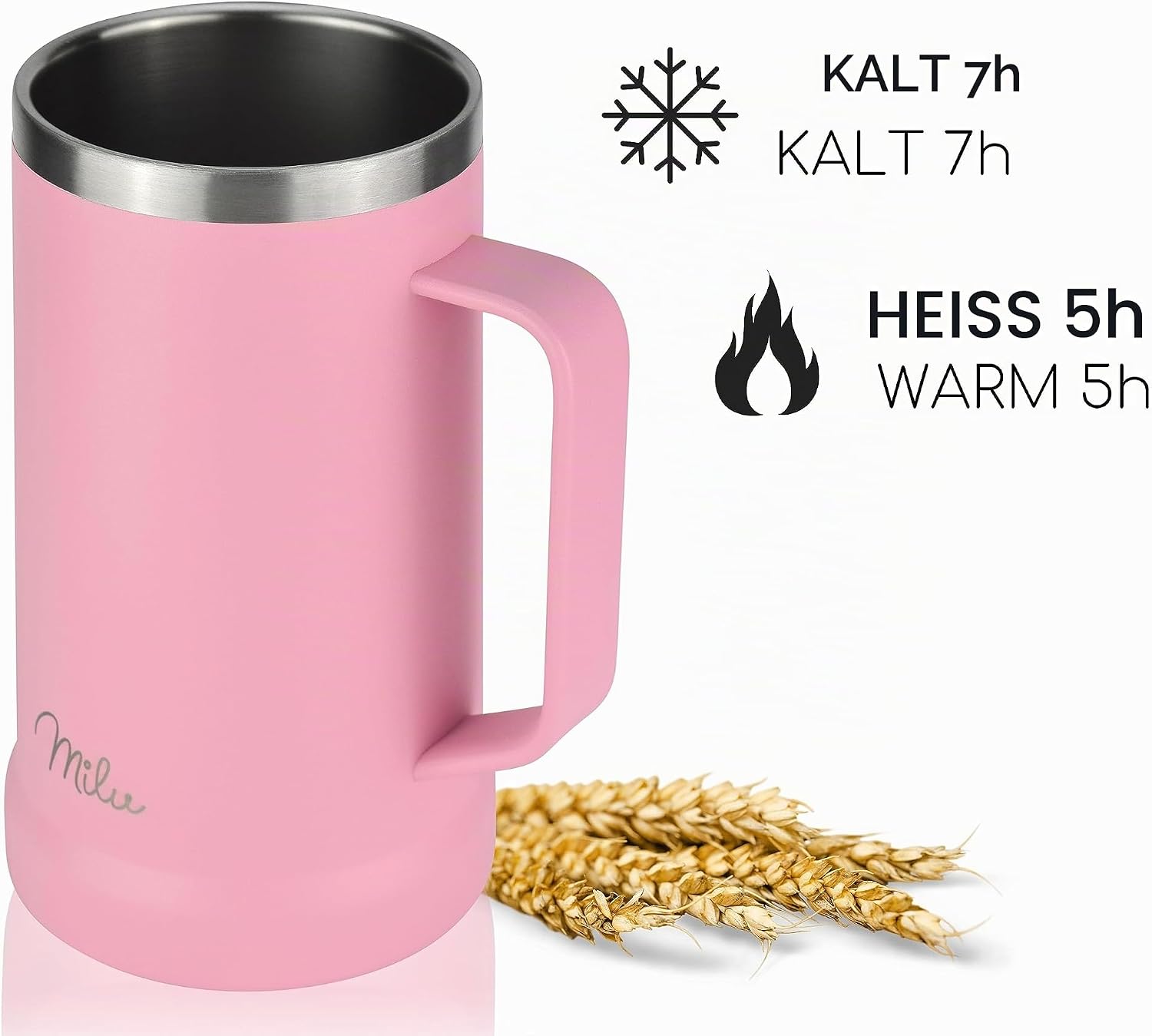 Milu Beer Mug, Stainless Steel Insulated Beer Glass with Lid, Thermal Mug with Handle, Beer Gift for Men, Dad, Keeps Cold for 7 Hours (700 ml, Pink) – Bild 2