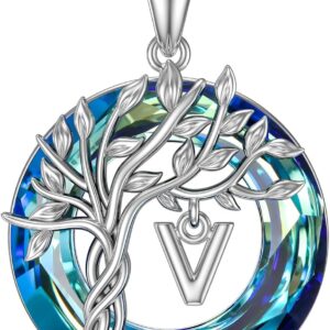 TOUPOP Tree of Life Chain Sterling Silver Tree of Life Initial Letter Pendant Necklace with Blue Crystal Jewellery Gifts for Mothers Birthday Gifts for Women Girls