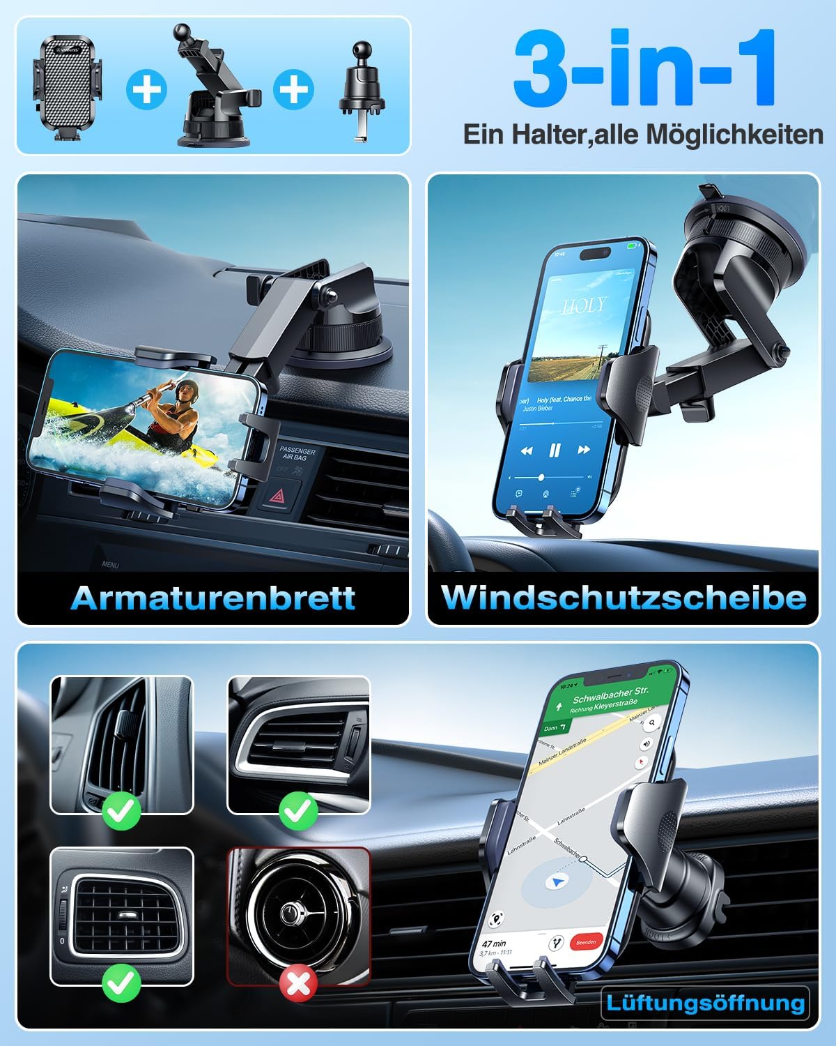 VANMASS 2026 Military Mobile Phone Holder, Car Upgrade, Strongest Suction Cup & Ventilation Hook, 4-in-1 Smartphone Car Mobile Phone Holder, 360° Rotatable Car Mount on Dashboard Disc for iPhone – Bild 4