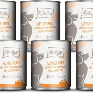 MjAMjAM - Premium Wet Food for Dogs - Juicy Chicken with Delicate Duck on Baby Carrots and Boiled Millet, Pack of 6 (6 x 800 g), Natural with Extra Meat