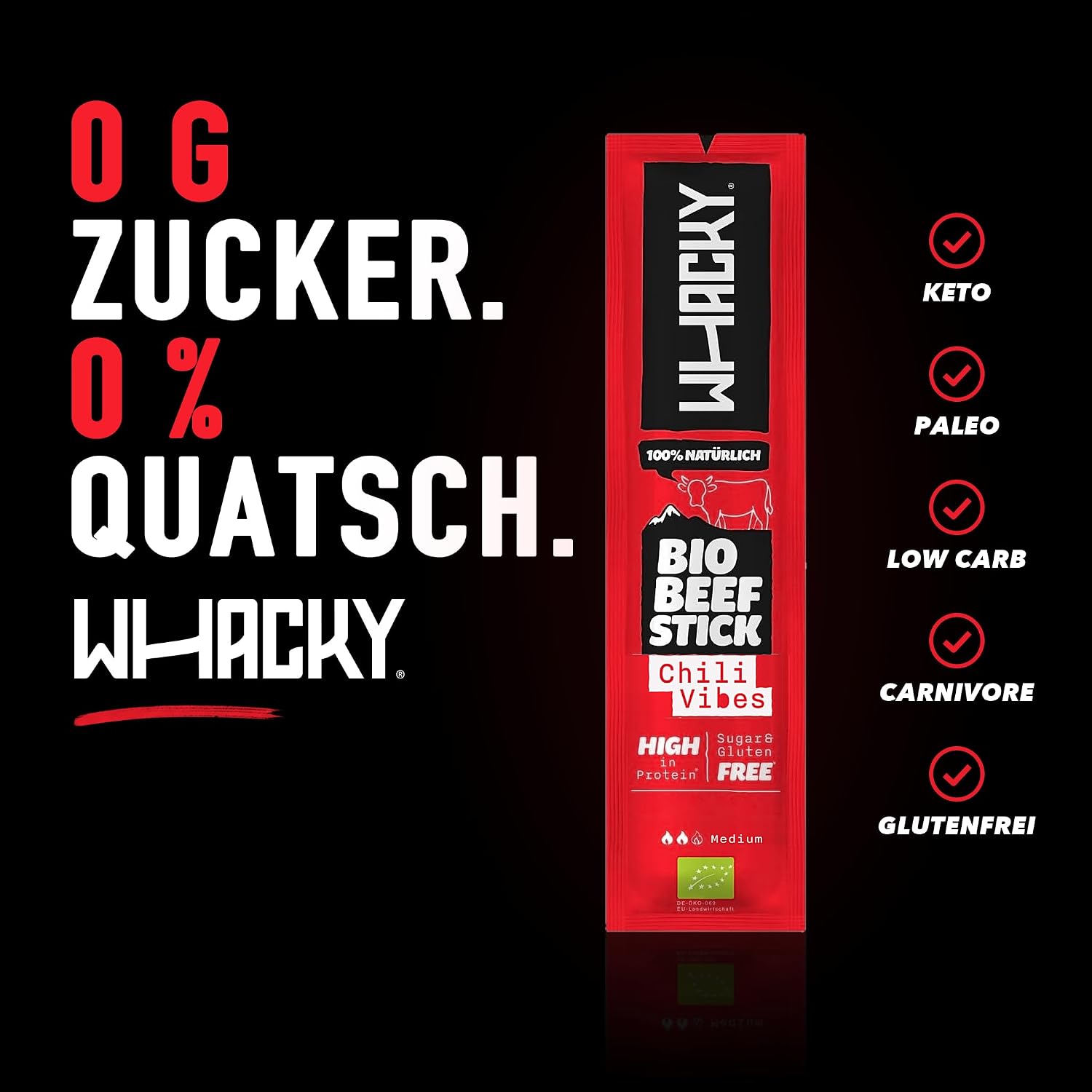 Whacky Organic Beef Sticks - Chili Vibes (9 x 32 g) Protein Snack Made of Beef - Salami Sticks without Sugar - Low Carb, for Fitness, Keto, Outdoor & On the Go - Spicy Chili Flavour – Bild 6