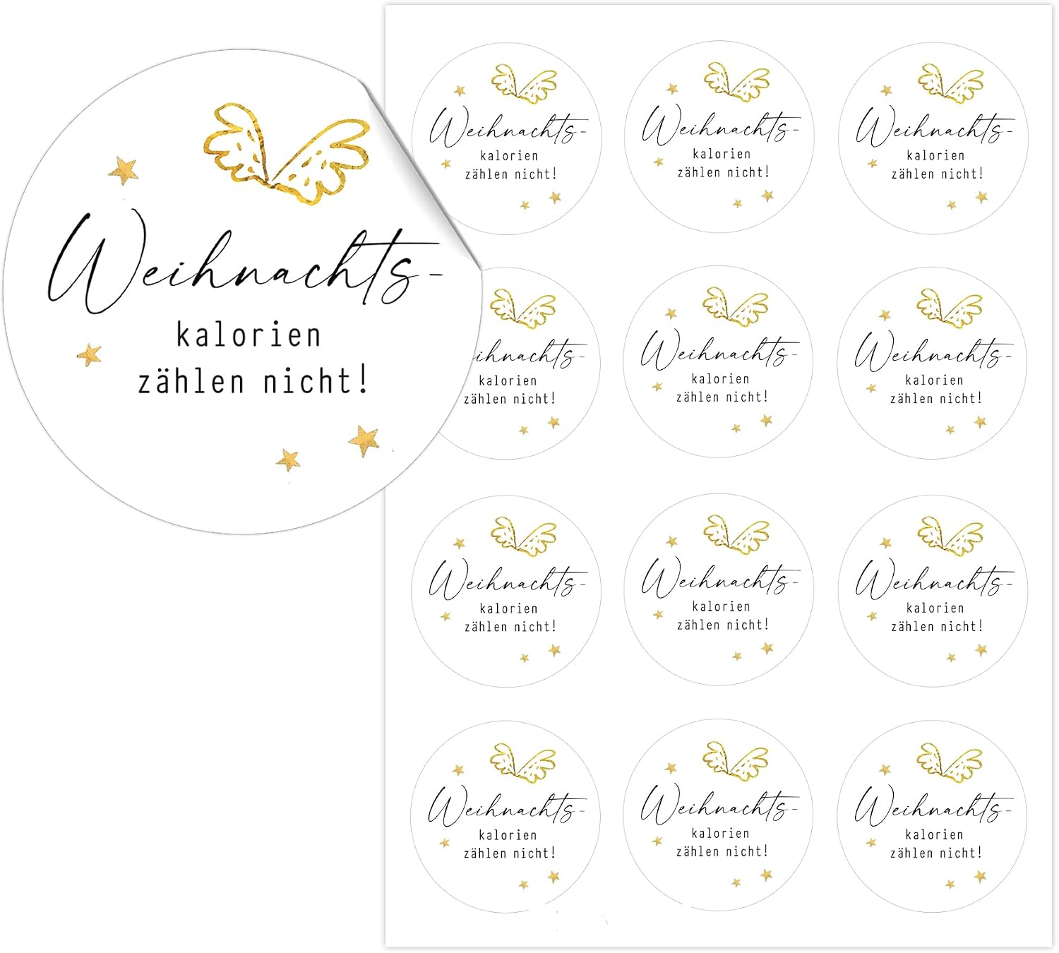 12 Stickers Labels "Christmas Calories Don't Count" Gold-Coloured Wings on White 60 mm Diameter – Bild 2