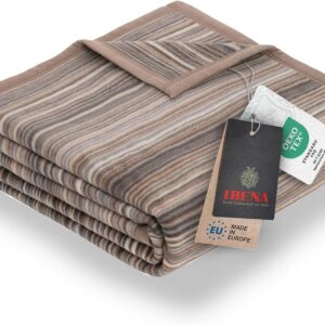 Ibena Malang Woollen Blanket, 150 x 200 cm, Cotton Blend, Soft, Warm and Washable, Cuddly Blanket, Stripes, Brown/Grey
