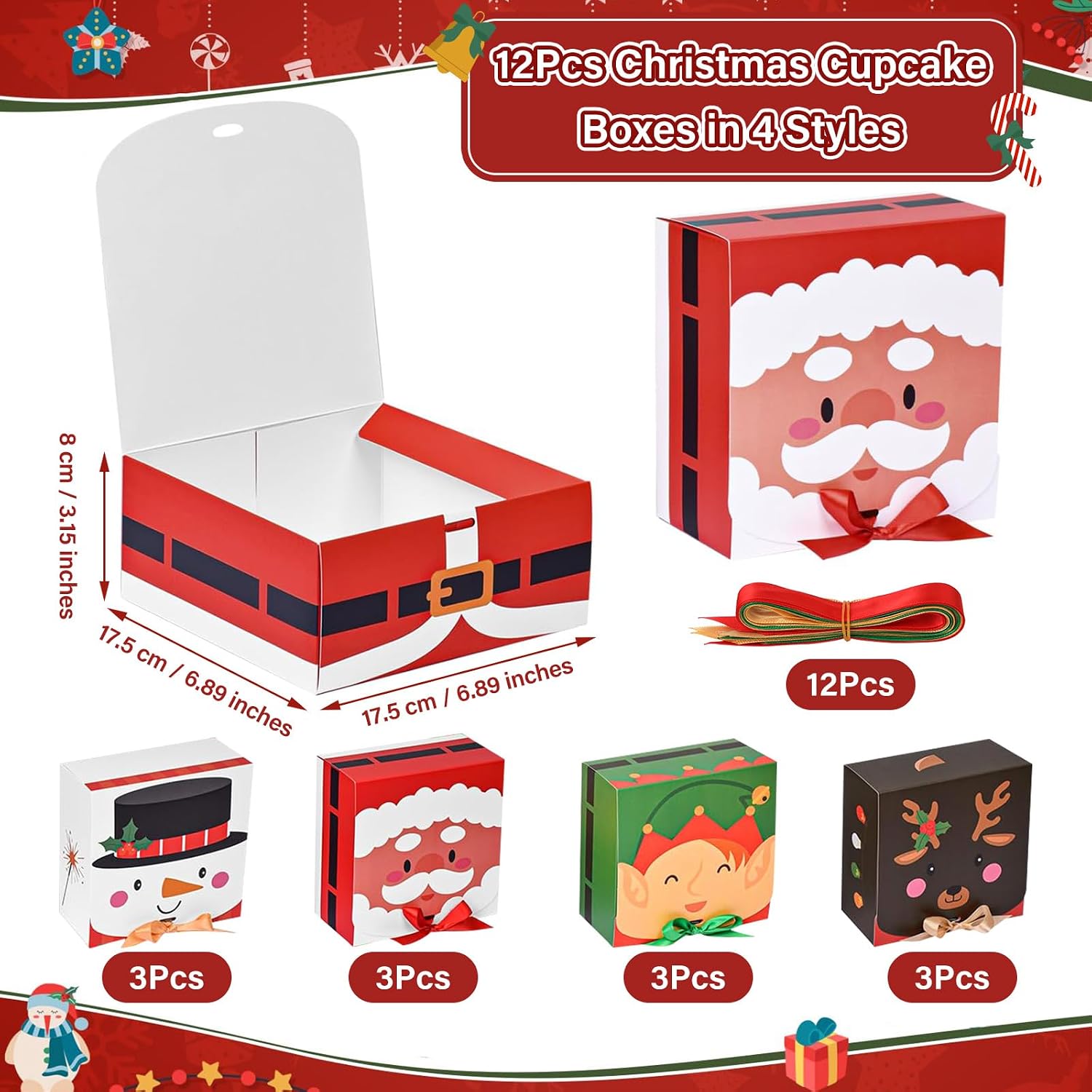Pack of 12 Christmas Cupcake Boxes 17.5 x 17.5 x 8 cm Christmas Gift Box with Ribbon Cupcake Box Container Cake Muffin Transport Box Pastry Boxes Paper Boxes Bakery Boxes for Cakes Doughnut Pastries – Bild 2