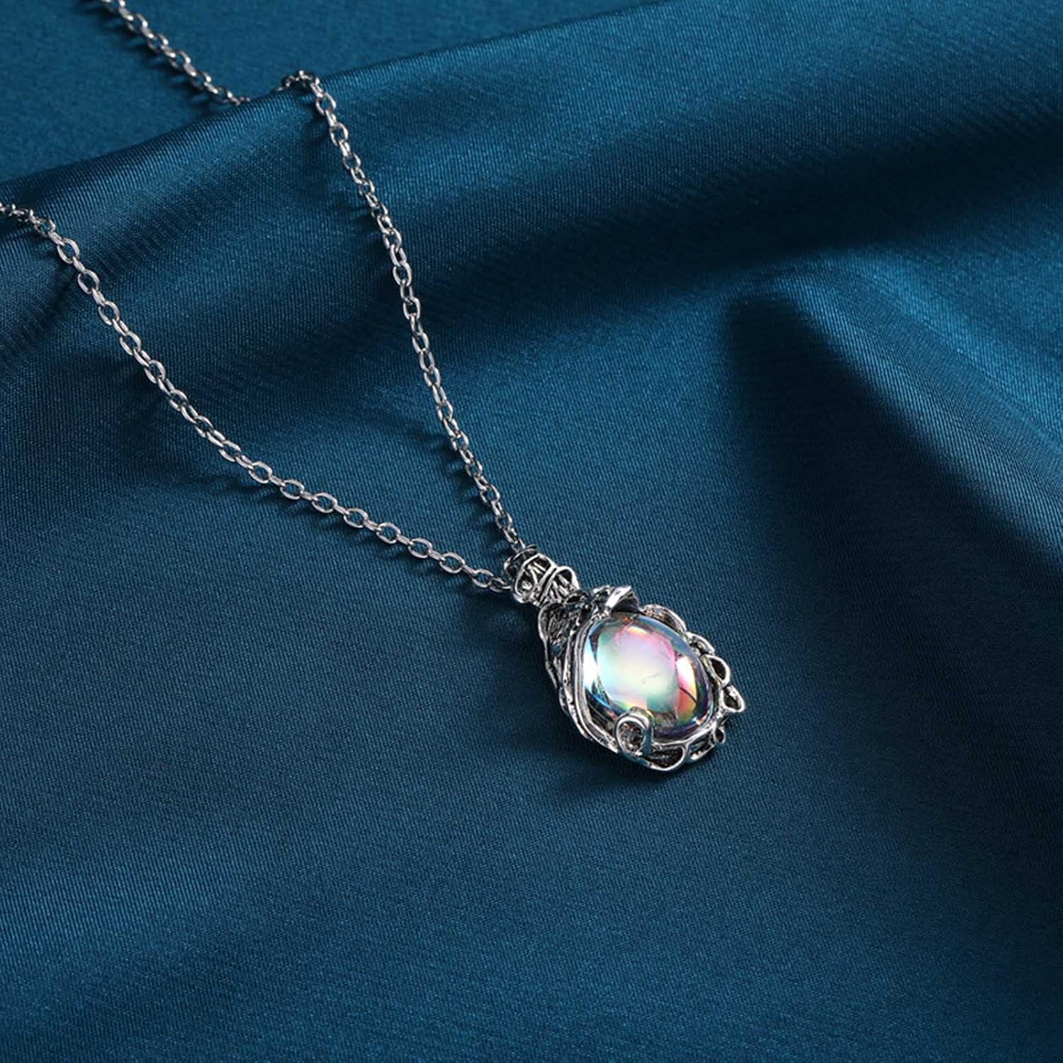 Silver Opal Necklace Vintage Teardrop Moonstone Pendant Necklace Dainty Water Drops Birthstone Choker Necklace Statement Fashion Jewellery For Women Girls – Bild 4